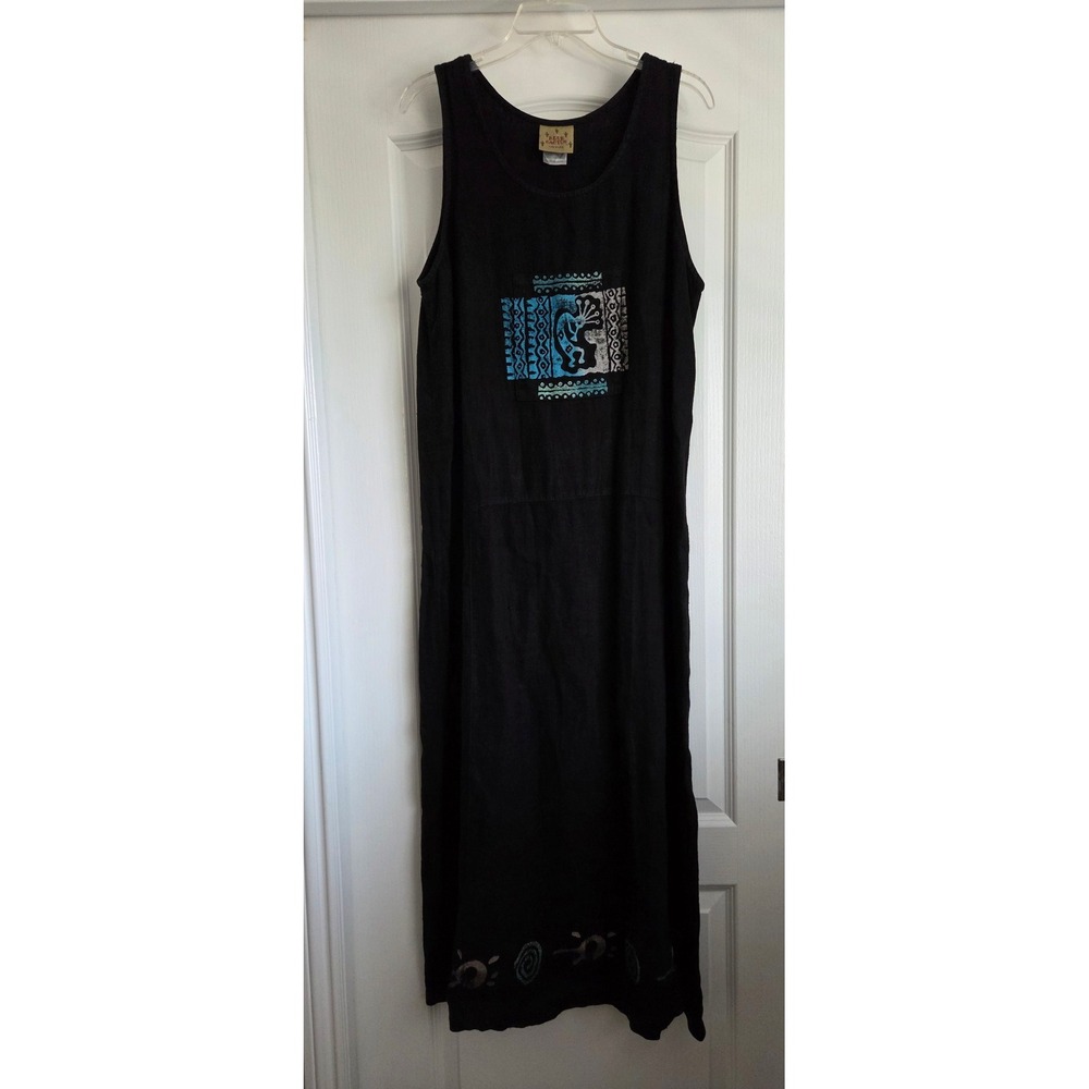 Blue Cactus Vtg Black Linen Kokopelli Stamped Print Sleeveless Maxi Dress Sz‎ L